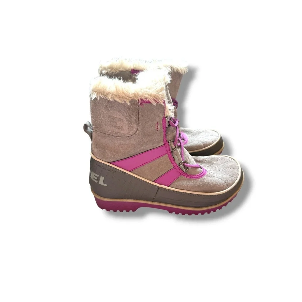 Sorel Tofino II Snow Boots Girls Youth 5 Gray Pink Waterproof Fur NY1888-060